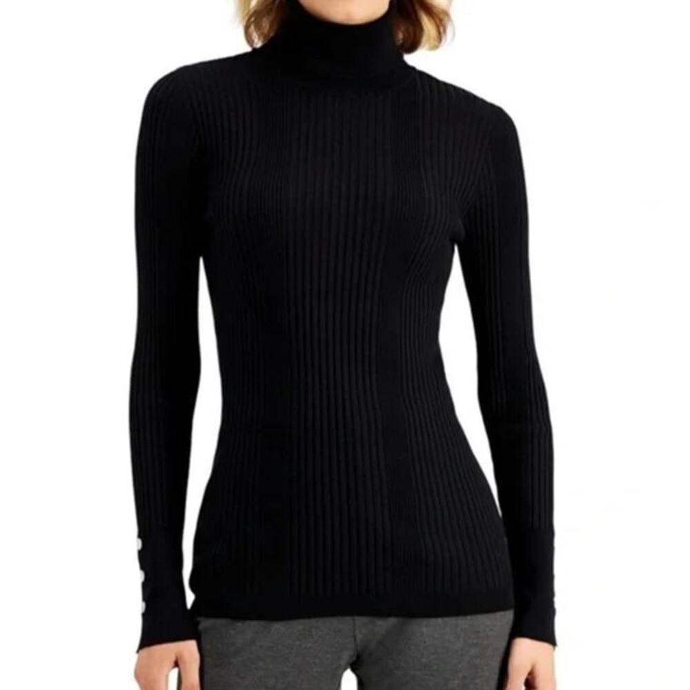 JM Collection Women's Petite Ribbed Turtleneck Sweater in Deep Black PS MSRP $50